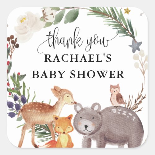 Winter Woodland Animals Baby Shower Favor Square Sticker