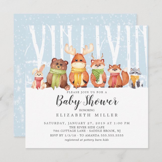 Winter Woodland Animals Baby Shower Invitation (Front/Back)