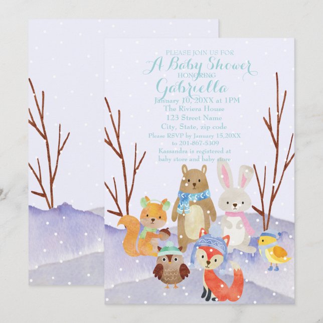 Winter Woodland Animals Baby Shower Invitation (Front/Back)