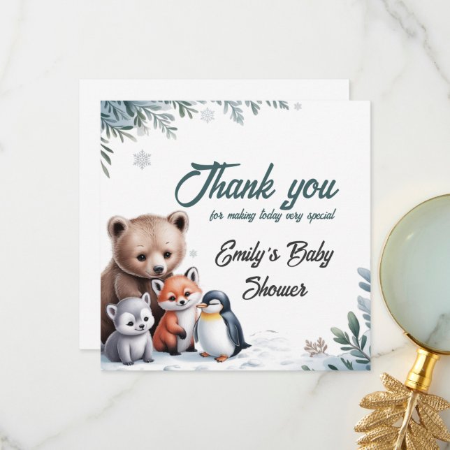 Winter Woodland Animals Baby Shower Thank You Card (Front/Back In Situ)