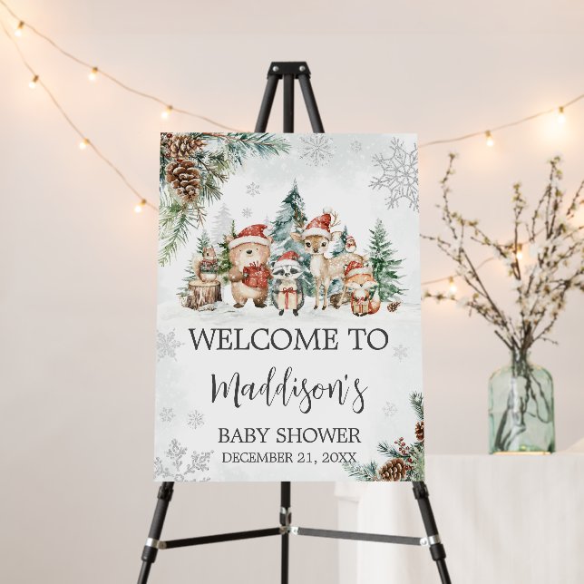 Winter Woodland Animals Baby Shower Welcome Sign (In Situ (Stand))