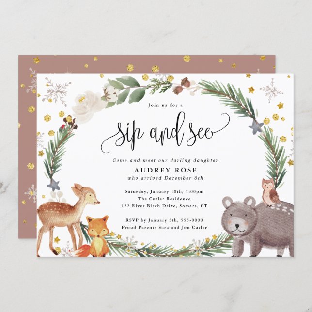 Winter Woodland Animals Baby Sip and See Invitation (Front/Back)