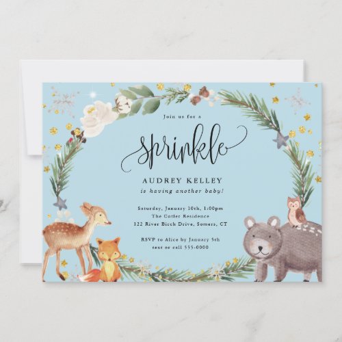 Winter Woodland Animals Baby Sprinkle Shower Blue Invitation