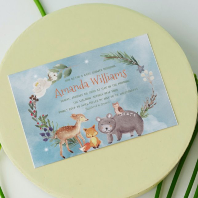 Winter Woodland Animals Berries Pine Cotton Baby Invitation (Creator Uploaded)