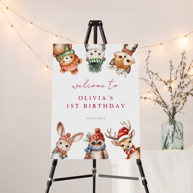 Winter woodland animals birthday welcome sign (In Situ (Stand))