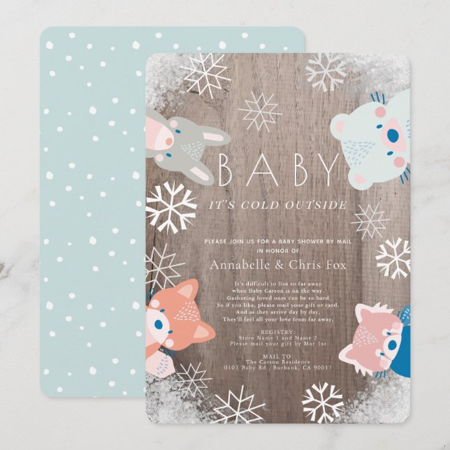 Winter Woodland Animals Blue Baby Shower by Mail Invitation (Front/Back)