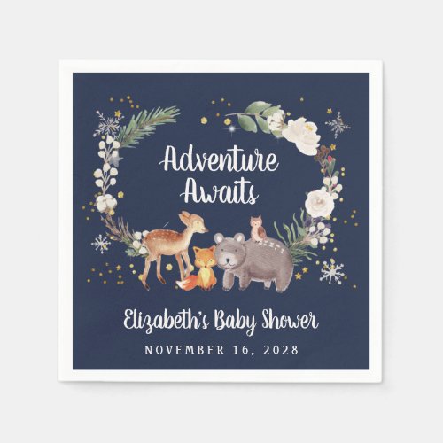 Winter Woodland Animals Blue Baby Shower Napkins