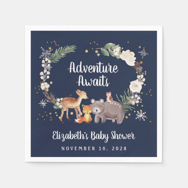 Winter Woodland Animals Blue Baby Shower Napkins (Front)