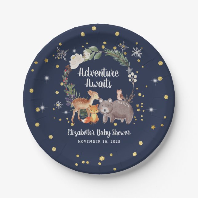Winter Woodland Animals Blue Baby Shower Paper Plates (Front)