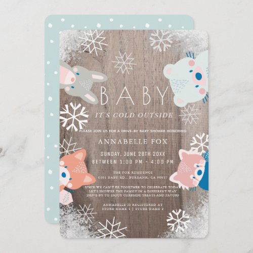 Winter Woodland Animals Blue Drive_by Baby Shower Invitation