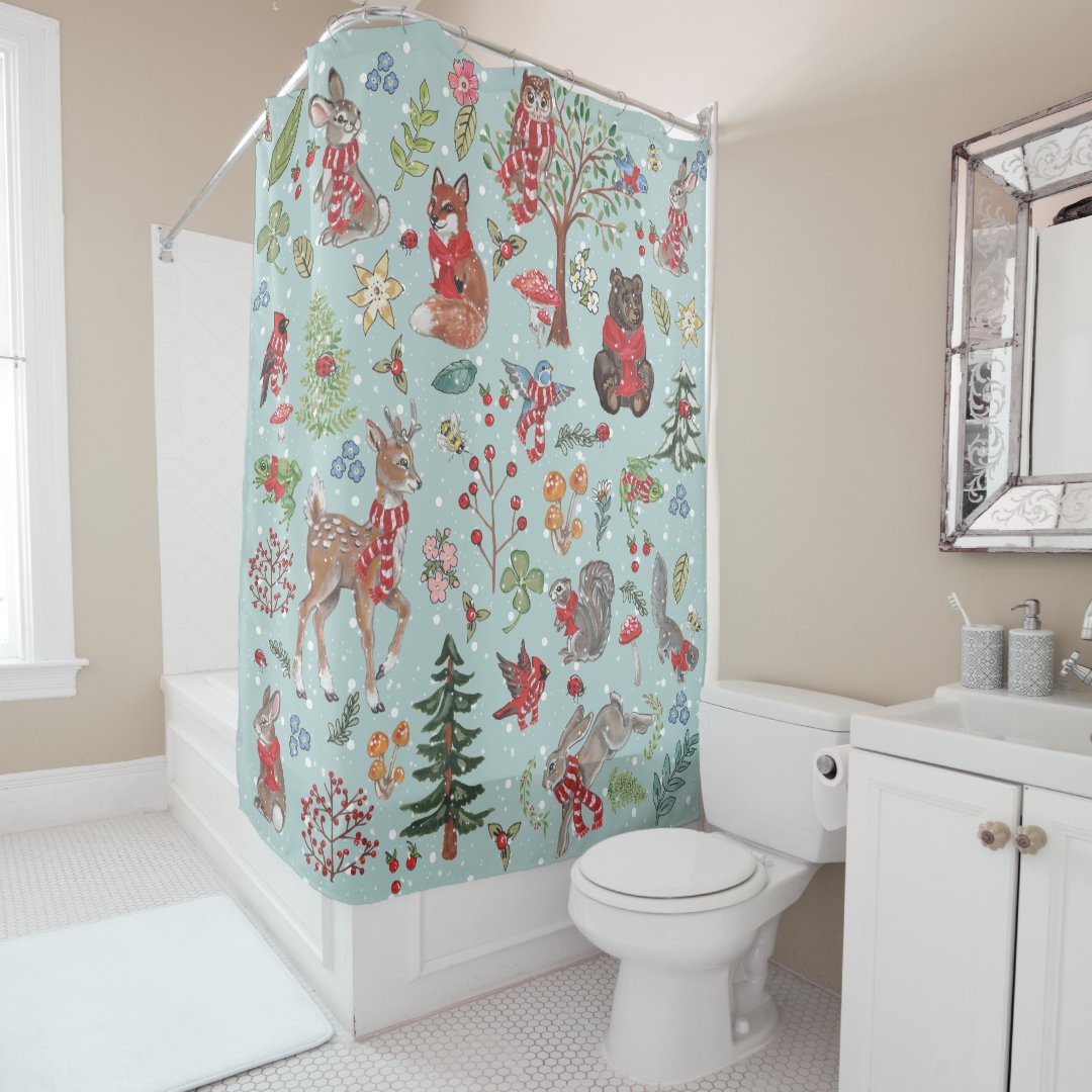 Winter Woodland Animals Blue Snow Forest Pattern Shower Curtain Zazzle