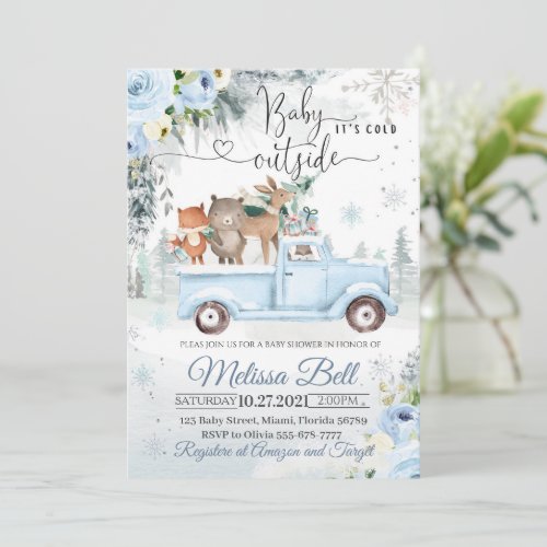 Winter Woodland animals Blue Truck Snowy Baby Show Invitation