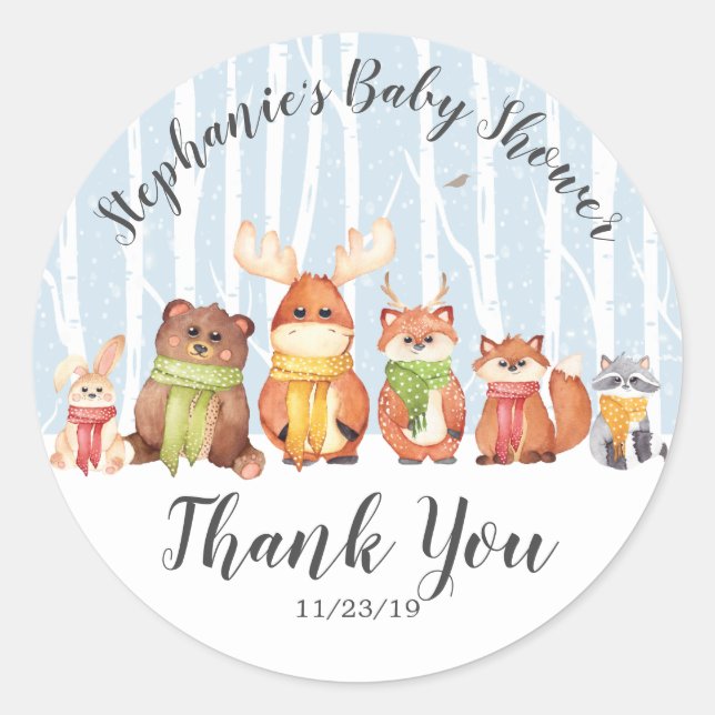 Winter Woodland Animals Boys Shower Favor Sticker (Front)