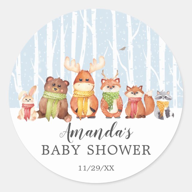Winter Woodland Animals Boys Shower Favor Sticker (Front)