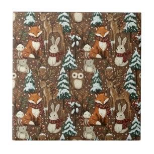 Winter Woodland Animals Christmas Pattern Ceramic Tile