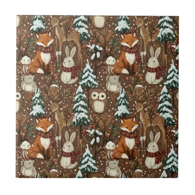 Winter Woodland Animals Christmas Pattern Ceramic Tile (Front)