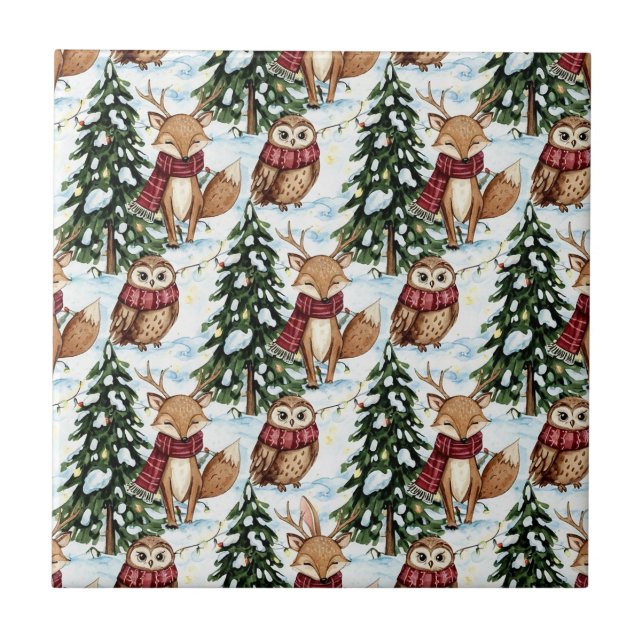 Winter Woodland Animals Christmas Pattern Ceramic Tile (Front)