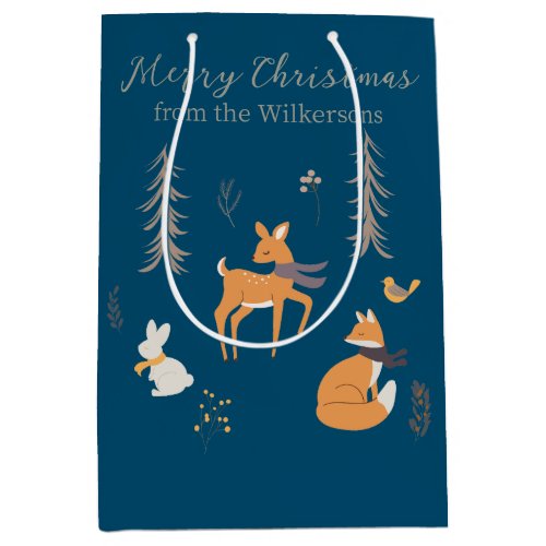 Winter Woodland Animals Folk Art Blue Christmas Medium Gift Bag