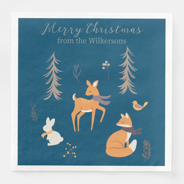 Winter Woodland Animals Folk Art Blue Christmas Paper Dinner Napkins (Front)