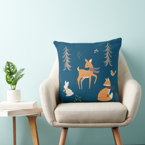 Winter Woodland Animals Folk Art Blue Christmas Throw Pillow