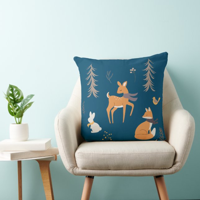 Winter Woodland Animals Folk Art Blue Christmas Throw Pillow (Chair)