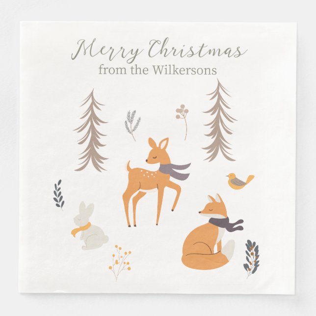 Winter Woodland Animals Folk Art Christmas Paper Dinner Napkins (Front)