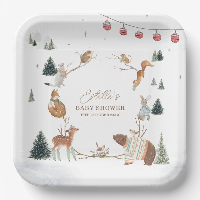 Winter Woodland Animals Forest Baby Shower Paper Plates (Front)