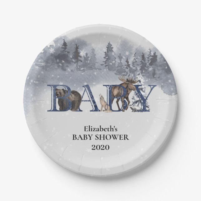 Winter Woodland Animals Holiday Bear Moose Paper Plates (Front)