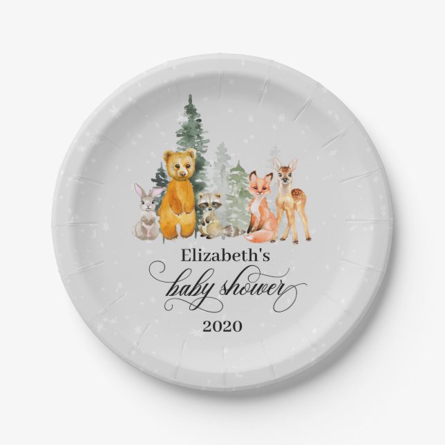 Winter Woodland Animals Holiday Paper Plates (Front)