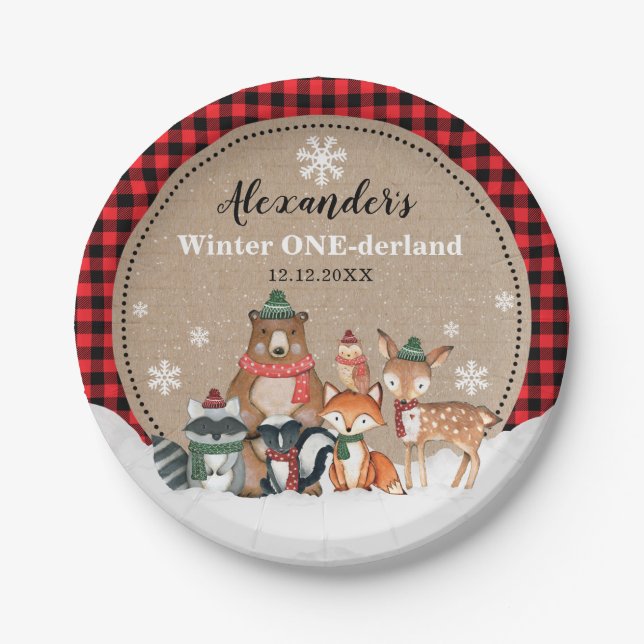 Winter Woodland Animals Onederland 1st Birthday Paper Plates (Front)