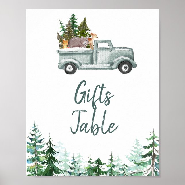 Winter Woodland Animals Pine Trees Gifts Table  Poster (Front)