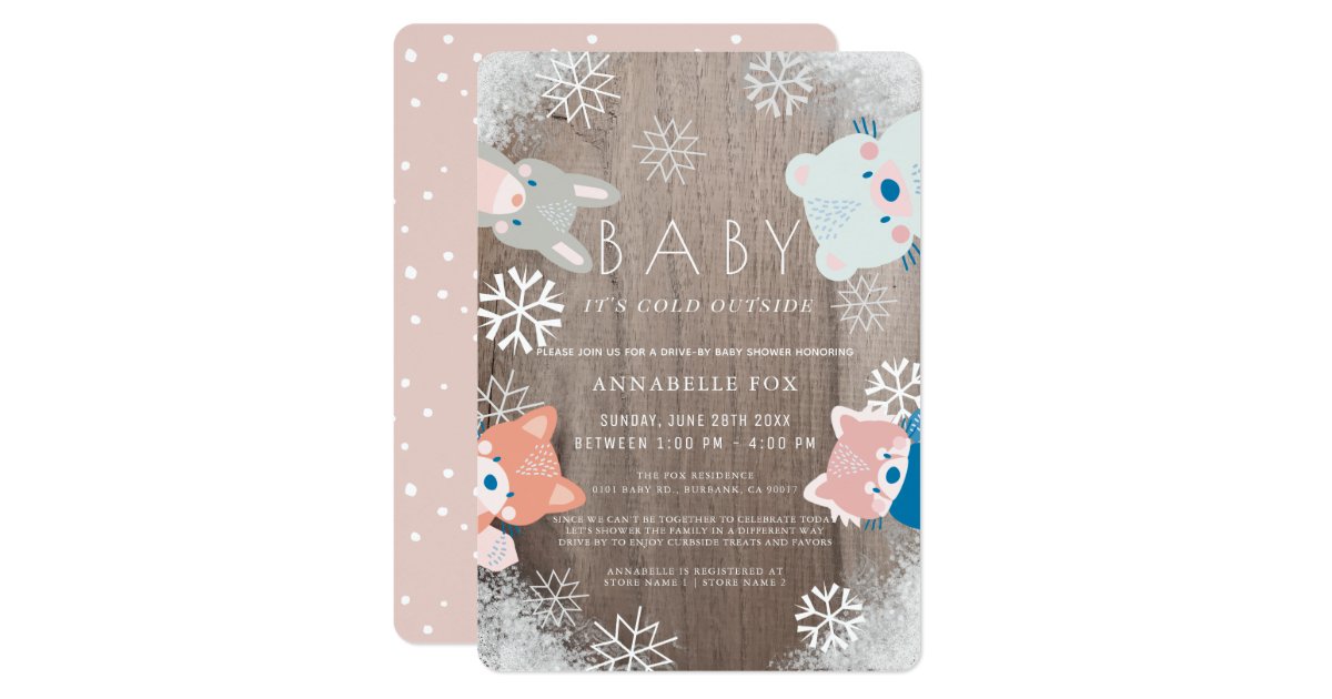 Winter Woodland Animals Pink Driveby Baby Shower Invitation