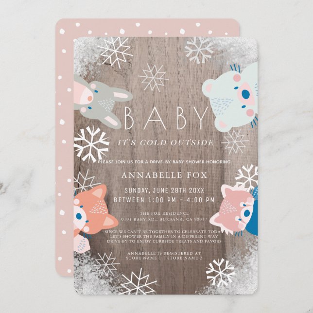 Winter Woodland Animals Pink Drive-by Baby Shower Invitation (Front/Back)