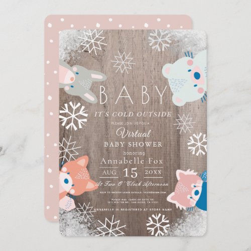 Winter Woodland Animals Pink Virtual Baby Shower Invitation