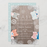 Winter Woodland Animals Snowflake Blue Baby Shower Invitation