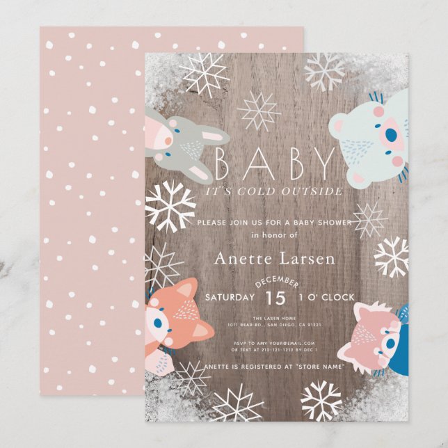 Winter Woodland Animals Snowflake Pink Baby Shower Invitation (Front/Back)