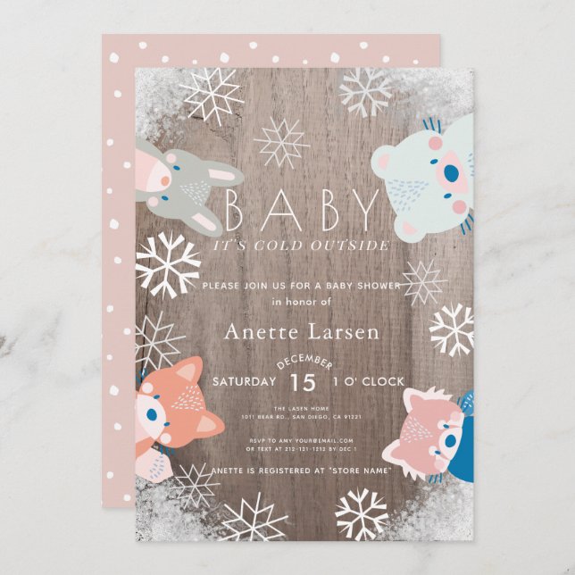 Winter Woodland Animals Snowflake Pink Baby Shower Invitation (Front/Back)