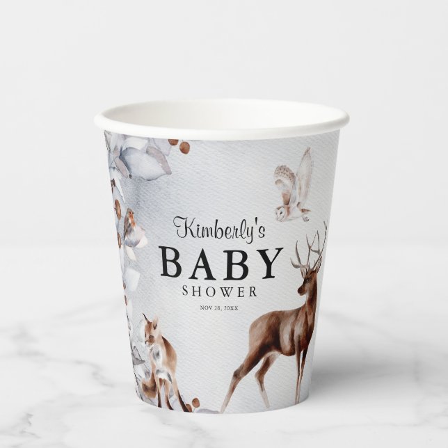 Winter Woodland Animals Watercolor Baby Shower Paper Cups (Front)