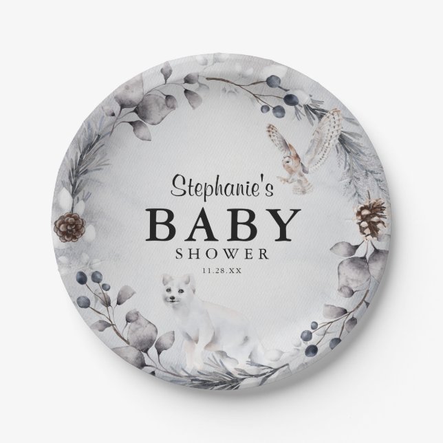 Winter Woodland Animals Watercolor Baby Shower  Paper Plates (Front)