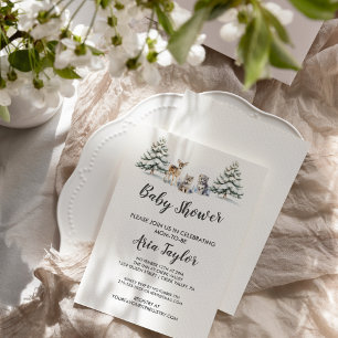 Winter Woodland Animals White Baby Shower Invitation