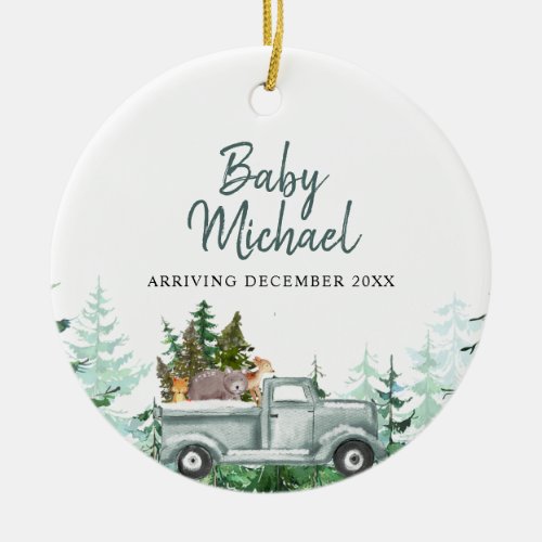 Winter woodland Baby Boy Pregnancy Announcement Ceramic Ornament
