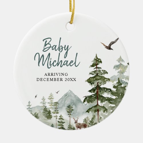 Winter woodland Baby Boy Pregnancy Announcement Ceramic Ornament