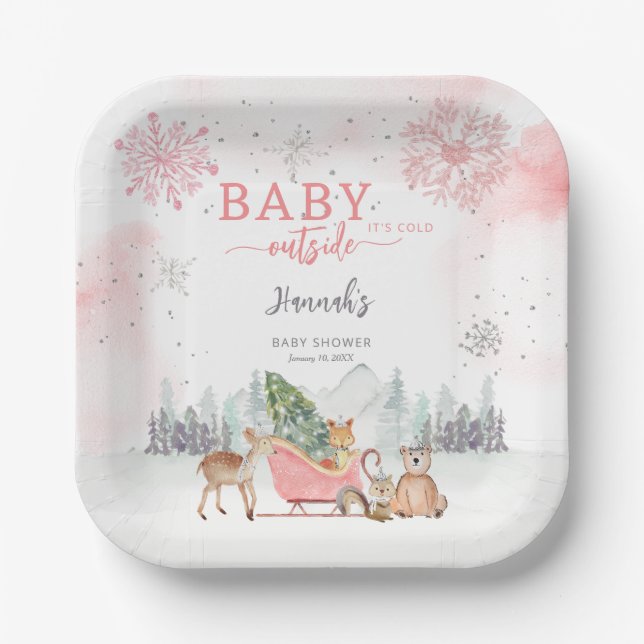 Winter Woodland Baby It's Cold Outside Baby Shower Paper Plates (Front)