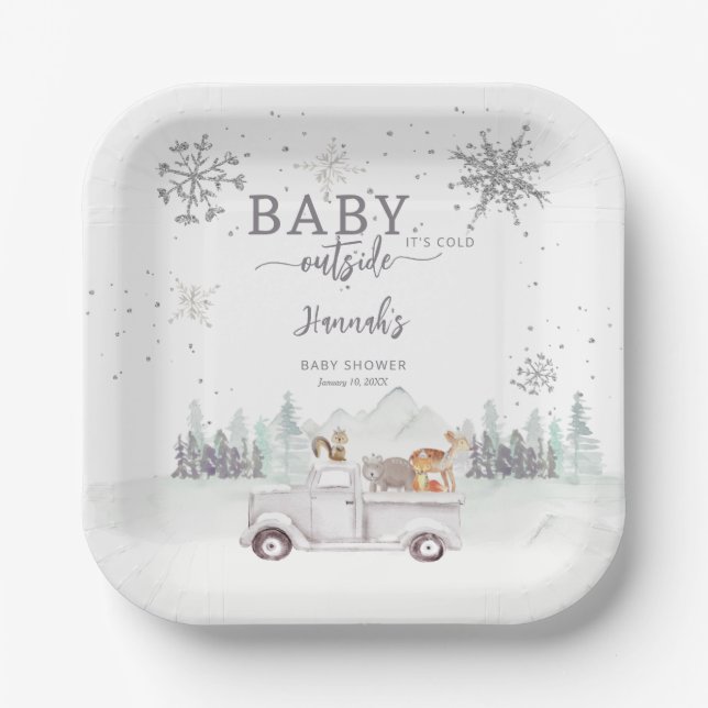 Winter Woodland Baby It's Cold Outside Baby Shower Paper Plates (Front)