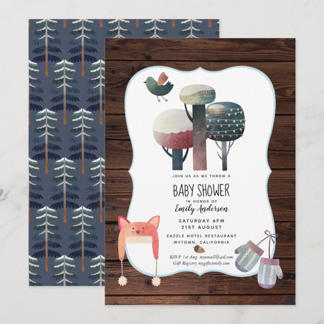 Winter Woodland Baby Shower Invitation Rustic (Front/Back)