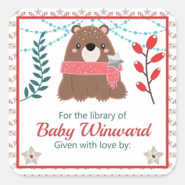 Winter Woodland Bear Baby Library Bookplate (Front)