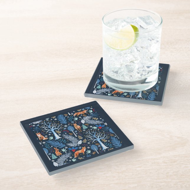 Winter Woodland Blue/Gold ID785 Glass Coaster (Angled)
