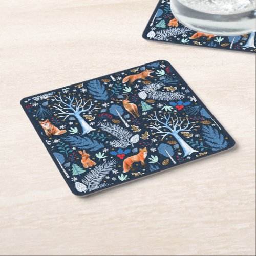 Winter Woodland BlueGold ID785 Square Paper Coaster