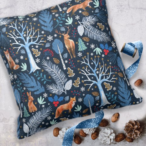 Winter Woodland BlueGold ID785 Throw Pillow