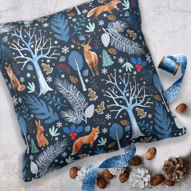 Winter Woodland Blue/Gold ID785 Throw Pillow (Creator Uploaded)